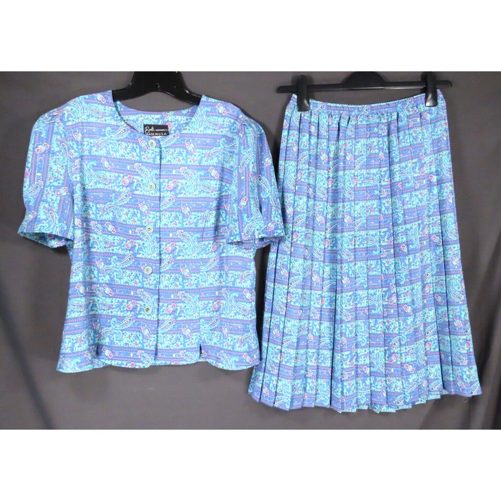 VTG Breli Originals SILKY GEORGETTE DRESS SET Top & Pleated Skirt BLUE/GREEN 12